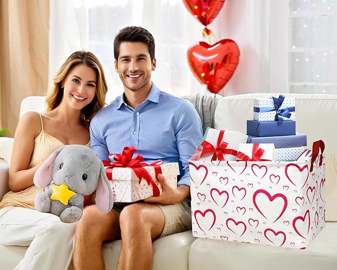 Large Valentine's Day Basket Heart Shaped Storage Bin for Gifts Collapsible Organizer Room Decor (Open Mouth Love)
