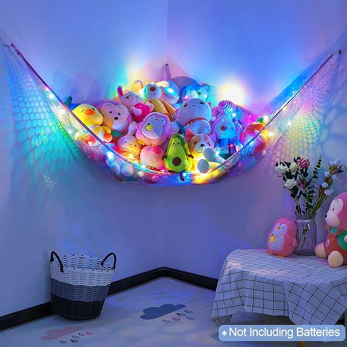 Basumee Stuffed Animals Net or Hammock with LED Light Hanging Toy Net Hammock for Stuffed Animals Storage Stuff Animals Hammocks for Nursery Room with Remote Control, 8 Kinds of Lights(Pack of 1)