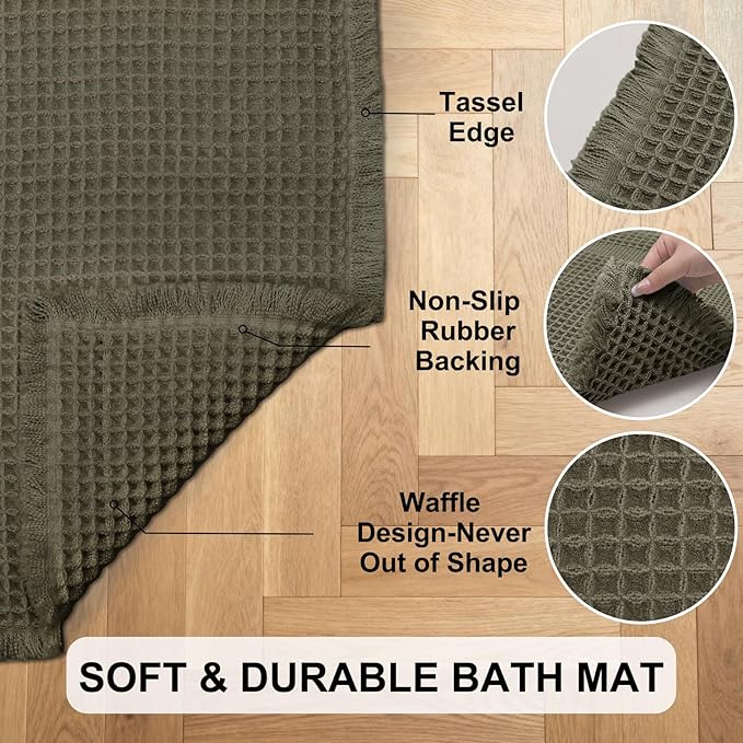 Hiasan Waffle Bath Mat, Super Absorbent Non Slip Bathroom Boho Rug with Tassels, Machine Washable Bath Mats for Bathroom, Ultra Soft Rubber Backed Rug, Grayish Green, 16 x 24 Inches