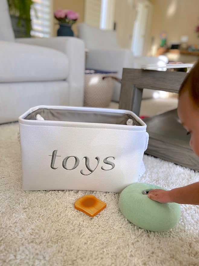 APPLE PIE ORDER Nursery basket, Storage & organizer Bin for Baby, Diapers, Wipes, Books, Toys. White Canvas fabric Decorative Box with Embroidering. (Toys - Gray, Medium)