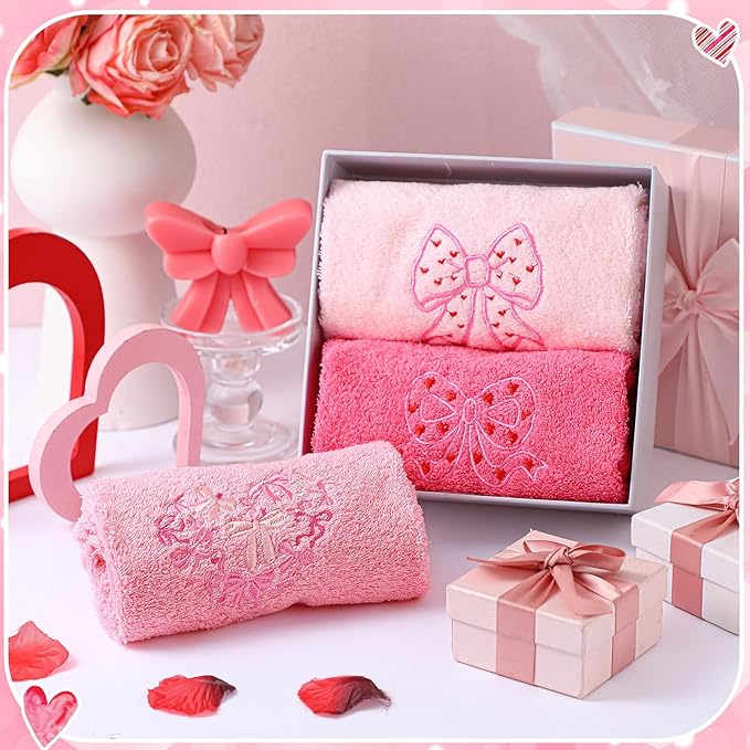 3 Pack Pink Bow Valentine's Day Hand Towels 13.4 x 29.2 Inch Cotton Embroidered Valentines Heart Bathroom Towel Absorbent Valentines Kitchen Decor for Hand Drying Cleaning Gift