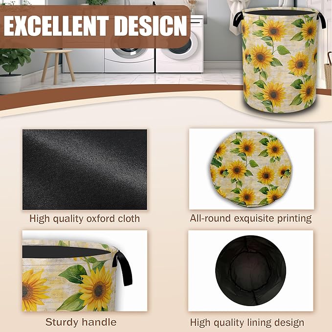 Vintage Sunflowers Laundry Hamper,Yellow Floral Collapsible Laundry Baskets Waterproof Oxford Cloth With Handles,Clothes Storage Bucket Toy Organizer For Bathroom/Nursery/Bedroom 16" x 20.8"