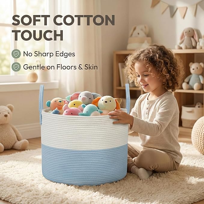 115L Extra Large Blanket Basket for Living Room - Woven Cotton Rope Laundry Hamper with Reinforced Handles - Storage Bin for Pillows, Comforters & Toys - Machine Washable,White&Blue