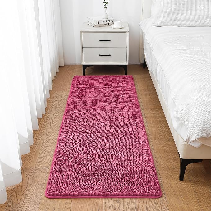 Hot Pink Bathroom Rugs 24"x72" - Long Plush Chenille Non-Slip Runner Bath Mat - Absorbent, Washable, Soft Decor for Shower, Sink, Tub, Kitchen, Floor, Home Accessories