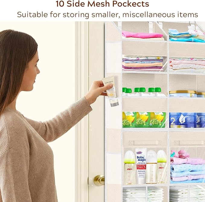 Over the Door Organizer 5 Tiers with Removable Drawers, Extra Large Door Storage of 6 Compartments & 2 Diaper Storage, Double-Column Clear Window Door Hanging Organizer for Nursery, Closet, Pantry