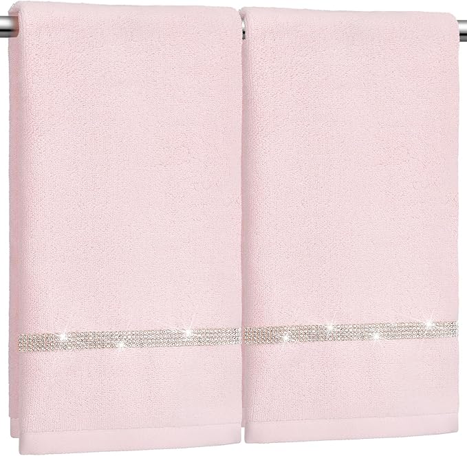 2 Pcs Pink Sparkling Hand Towels with Rhinestones for Bathroom 100% Cotton Glitter Soft Elegant Hand Bath Towels Absorbent Machine Washable for Spa Yoga Hotel Sport, 29.5" x 13.8"
