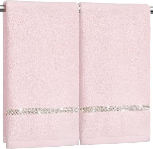 2 Pcs Pink Sparkling Hand Towels with Rhinestones for Bathroom 100% Cotton Glitter Soft Elegant Hand Bath Towels Absorbent Machine Washable for Spa Yoga Hotel Sport, 29.5" x 13.8"