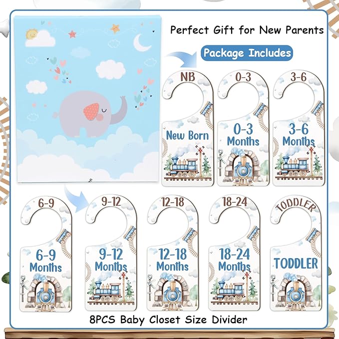 Baby Closet Dividers 8PCS, Retro Train Themed Wooden Double-Sided Clothes Size Hanger/Organizer from Newborn to Toddler for Nursery Decor Baby Shower Birthday Gender Reveal Party Gift