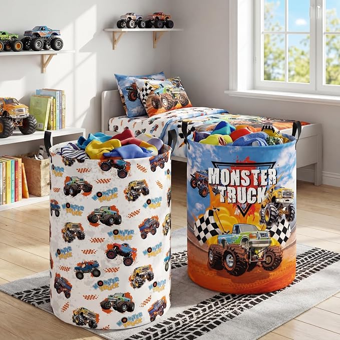 2 Pcs Monster Truck Laundry Hamper Basket Monster Truck Room Decor 19.7x14.6 Inch Round Collapsible Toy Storage Organizer Clothes Basket with Waterproof Layer for Closet Bedroom Playroom