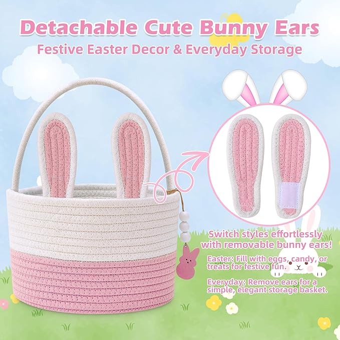 Easter Baskets for Kids, Pink Small Woven Rope Bunny Personalized Easter Basket Empty with Handle, Basket Name Tag, Baby Egg Easter Baskets for Girls Boys Toddler Babies Infant, 9" x 9" x 6.3"