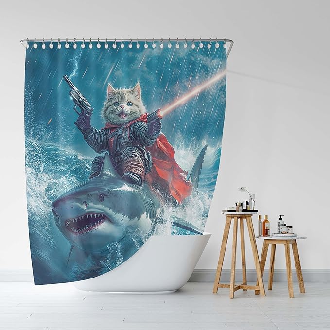 70x75 Inch Funny Cat Riding Shark Waterproof Shower Curtain - Blue Ocean Bathroom Decor with Hooks, Humor Polyester Bathtub Curtain for Kids Teens Adults