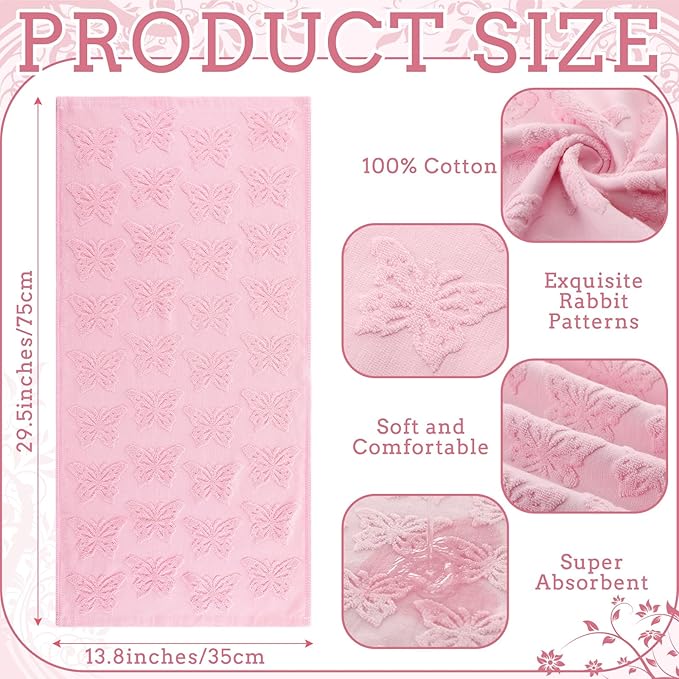 2 Pcs Butterfly Hand Towels for Bathroom Pink Butterfly 100% Cotton Jacquard Weave Bath Towel Set Soft Absorbent Dish Washcloth for Women Bathroom Kitchen Summer Gifts 13.8 x 29.5 Inch