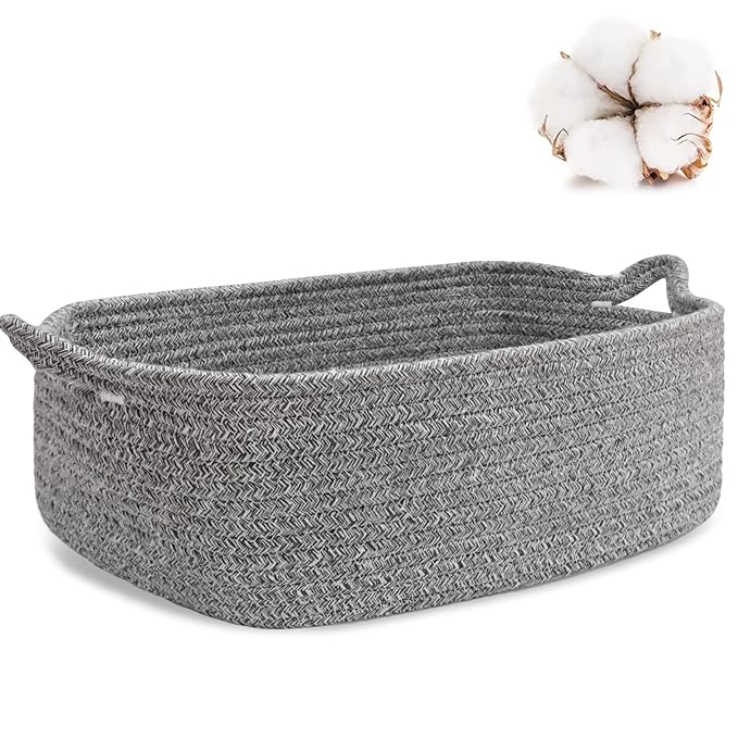 ABenkle Small Storage Basket with Handles, Cotton Rope Woven Dog Cat Toy Bin, Decorative Shelves Closet Organizing for Nursery Laundry Bedroom Bathroom, 14.2''x 11''x 5.1''