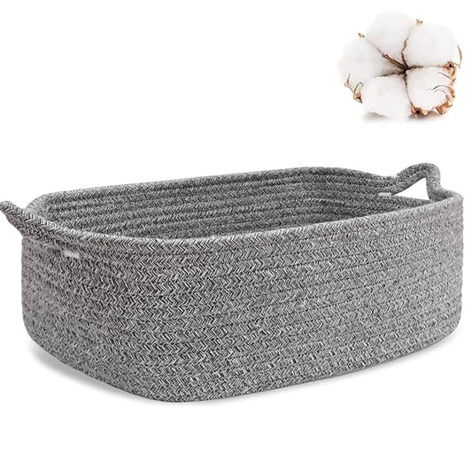 ABenkle Small Storage Basket with Handles, Cotton Rope Woven Dog Cat Toy Bin, Decorative Shelves Closet Organizing for Nursery Laundry Bedroom Bathroom, 14.2''x 11''x 5.1''