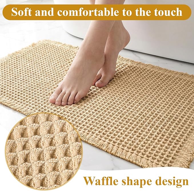 2pcs Waffle Bathroom Rugs Waffle Bath Mat Boho Bath Rugs Non Slip Washable Absorbent Baths Mats Soft Rubber Backed Shower Mats Bathroom Runner Rug for Bedroom Kitchen Shower Tub Hallway Laundry Room