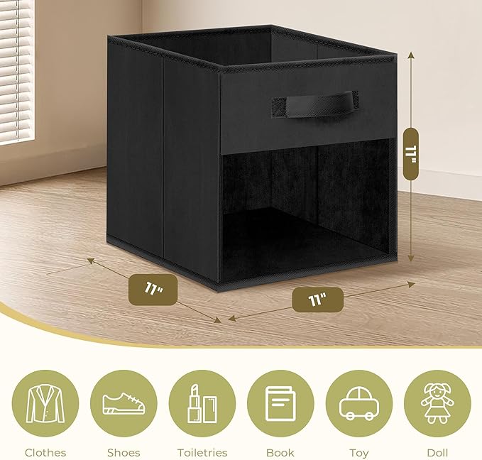 Storage Bins with Clear Window, 11x11 Storage Cubes, Collapsible Cube Storage Box, Fabric Closet Organizers with Handles for Home, Office, Shelf, Closets, Living Room, Black, 12 Pack