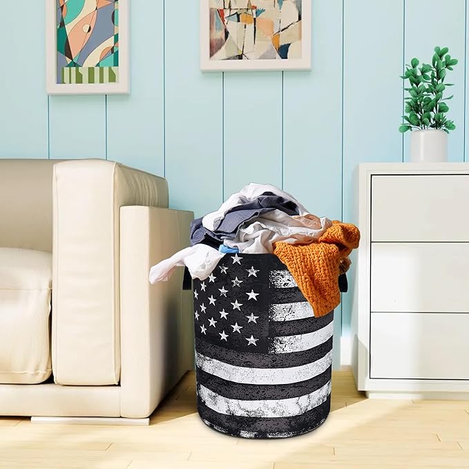 Black White American Flag Laundry Basket Vintage Usa Flag Oxford Cloth Laundry Hamper With Handle Foldable Portable Clothes Storage Basket 18.9 X 16.5 In Storage Bag For Laundry Room/Bathroom/Bedroom