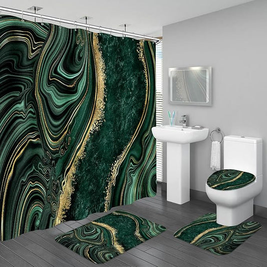 4PCS Emerald Green Marble Bathroom Set with Shower Curtain, Bath Mat, Toilet Lid Cover & U-Shaped Rug, Dark Green Shower Curtain Set for Bathroom