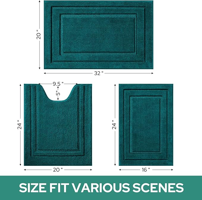HOMEIDEAS Bathroom Rugs Sets 3 Piece, Super Soft and Absorbent Non Slip Microfiber Toilet Bath Mat with U-Shaped (Atlantic Blue)