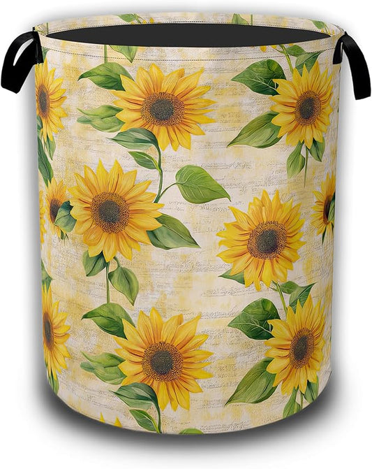Vintage Sunflowers Laundry Hamper,Yellow Floral Collapsible Laundry Baskets Waterproof Oxford Cloth With Handles,Clothes Storage Bucket Toy Organizer For Bathroom/Nursery/Bedroom 16" x 20.8"