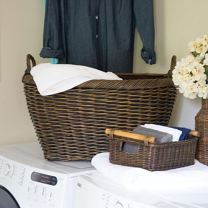 The Basket Lady Oval Wicker Laundry Basket, 25 in L x 19 in W x 14 in H (17 in overall H), Antique Walnut Brown