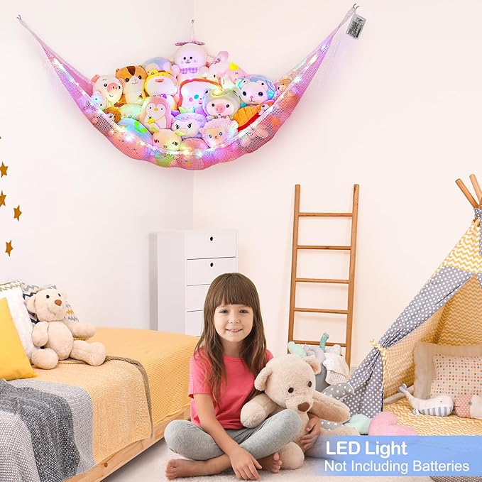 Basumee Stuffed Animals Net or Hammock with LED Light Hanging Toy Net Hammock for Stuffed Animals Storage Stuff Animals Hammocks for Nursery Room with Remote Control, 8 Kinds of Lights(Pack of 1)