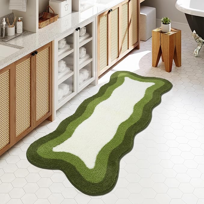 HAOCOO Luxury Soft Large Bathroom Rugs, 24x59 Inch Long Bathroom Rugs Non Slip Washable, Green Irregular Shaped Rug Absorbent Bathroom Mat for Bedroom Bathtub Sink Shower