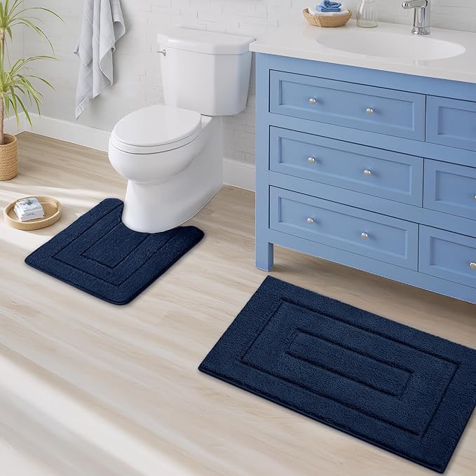 GRANNY SAYS Bathroom Rugs Sets 2 Piece, Soft Absorbent Microfiber Bath Mats for Bathroom Non Slip Washable, U-Shaped Toilet Bath Rugs for Tub Shower (Blue, 20" x 32" + U Shaped 20" x 24")
