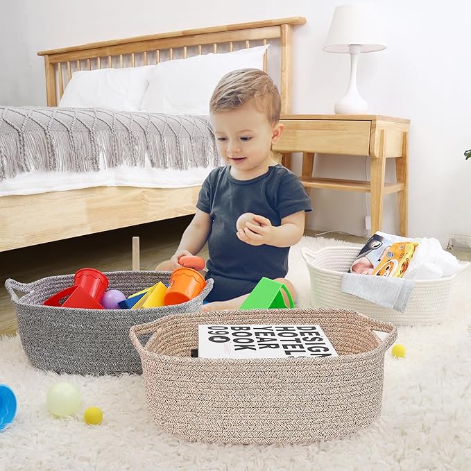 ABenkle Small Storage Basket with Handles, Cotton Rope Woven Dog Cat Toy Bin, Decorative Shelves Closet Organizing for Nursery Laundry Bedroom Bathroom, 14.2''x 11''x 5.1''