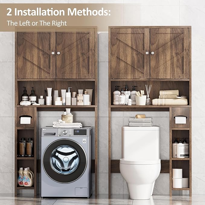 Meilocar Over Toilet Storage Cabinet with Toilet Paper Holder Stand, Freestanding Bathroom Storage Cabinet, Rustic Farmhouse Bathroom Organizer with Adjustable Shelf & Anti-Tipping, Walnut