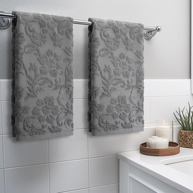2 Pcs Quality Floral Jacquard Hand Towels Set for Bathroom Gray Hand Towels 100% Cotton Absorbent Decorative Weave Bath Decor Neutral Bathroom Decor Gift, 13.7 x 29.5 Inch
