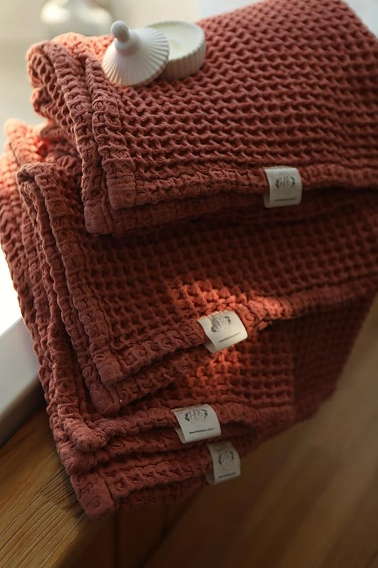 HB&Victory Luxury Muslin Waffle Towel Set for Bathroom – 4 Pieces Rust, Premium 100% Organic Turkish Cotton, 4 Size Pack, Quick-Dry Soft Absorbent Waffle Weave Towels for Home, Spa & Travel