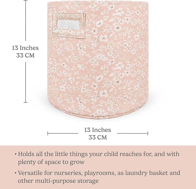 Sorrel + Fern Nursery Storage Basket (Fleurette), Soft Collapsible Fabric Toy Bin, Floral-Inspired Organizer for Playroom or Nursery, Gender-Neutral Decor, 13 × 13 Inches