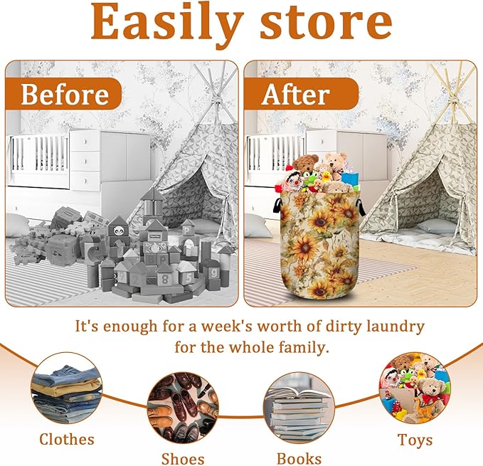 Watercolor Sunflower Laundry Basket with Sturdy Handles, Vintage Floral Collapsible Oxford Cloth Laundry Hamper Organizer Basket for Bathroom Bedroom 15.7x20 Inch