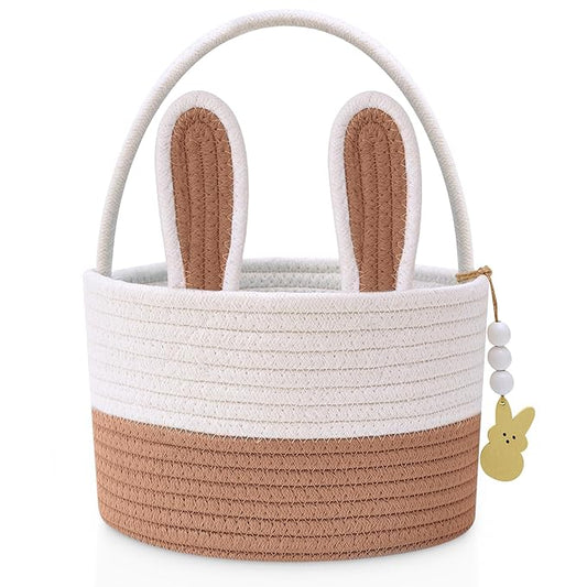 Easter Baskets for Kids, Small Bunny Personalized Easter Basket Empty with Handle, Basket Name Tags, Woven Rope Baby Easter Egg Baskets for Babies Girls Boys Toddler Infant, 9" x 9" x 6.3"