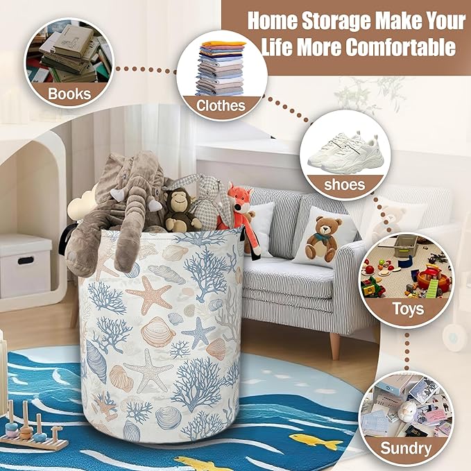 Seashells Starfish Laundry Basket,Waterproof Foldable Laundry Hamper,Dirty Clothes Basket, Linen Bin Storage Organizer Collection 16" x 20.8"