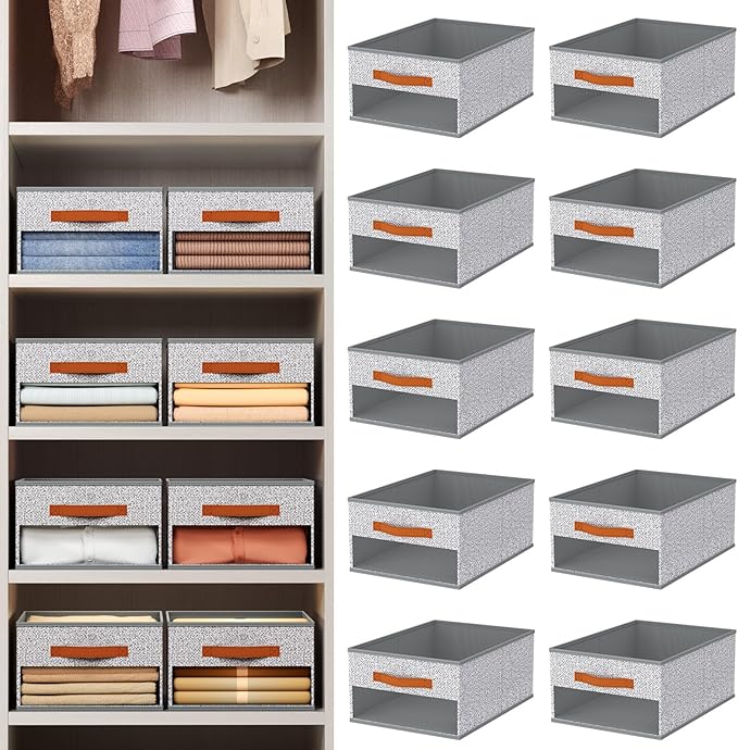 Closet Organizers and Storage - 10 Pack Storage Bins Baskets for Organization Foldable Closet Organizer with Clear Window & Handles for Clothes, Toys, Towels, Small Essential(Ant Light Gray)