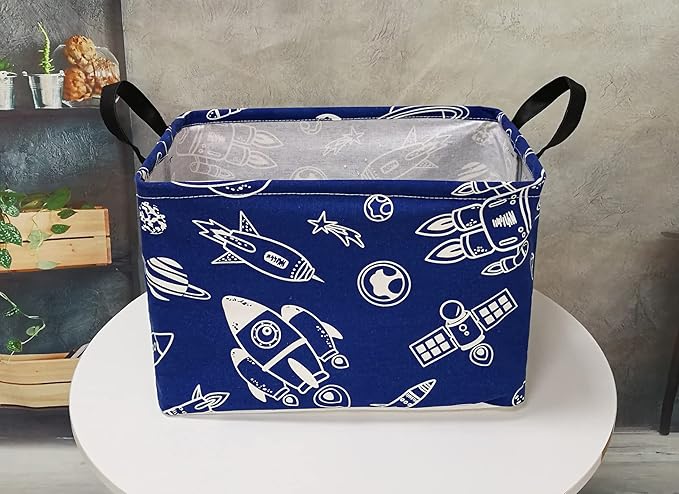 Rectangle Gift Storage Basket Home Shelf Storage Basket Organizer Box Clothes Laundry Hamper Nursery Basket Laundry Basket with Handles (Spacecraft)