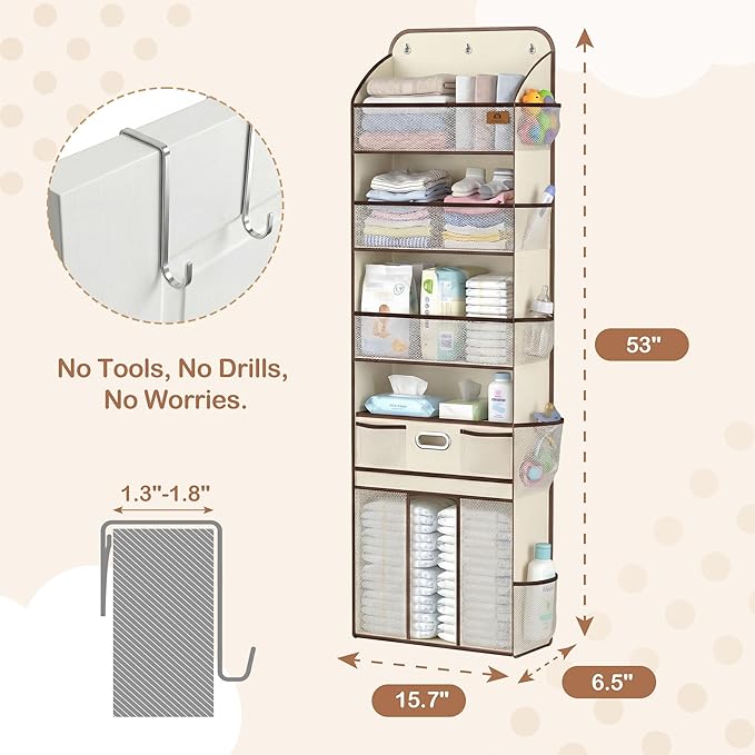 Over The Door Organizer with Large Capacity Diaper Storage & Mesh Window,for Baby Essentials & Nursery, 55lbs Hanging Storage for Closet, Bathroom, Bedroom, Dorm -12 Pockets