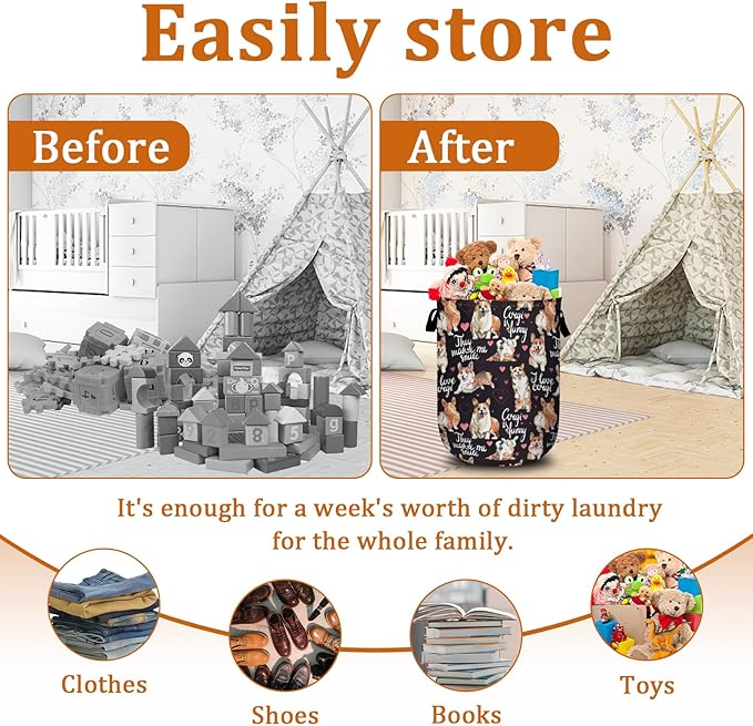 Cute Corgi Dog Laundry Basket with Sturdy Handles, Dog Lover Collapsible Oxford Cloth Laundry Hamper Organizer Basket for Bathroom Bedroom 15.7x20 Inch