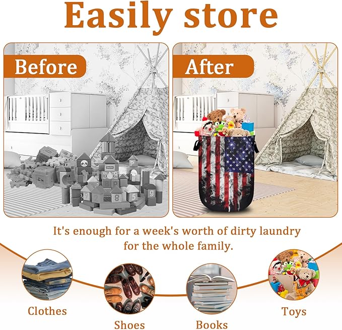 Smoke USA Flag Laundry Basket with Sturdy Handles, Memorial Day Patriotic Collapsible Oxford Cloth Laundry Hamper Organizer Basket for Bathroom Bedroom 15.7x20 Inch