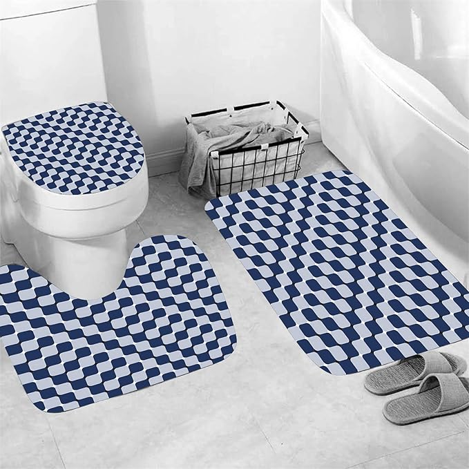 4Pcs Blue Checkered Shower Curtain Set 3D Bathroom Sets Modern Shower Curtain Set for Bathroom Sets with Rugs and 12 Hooks