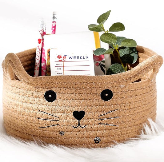 Zopeal Cat Basket Storage Woven Organizer with Ears Christmas Decorative Pet Toy Cute Cotton Rope Basket for Gift Cat Dog Toy Bin Nursery Room(8.3 x 4.7 Inch,Khaki)