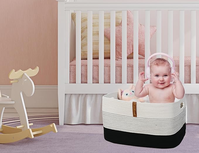 Large Blanket Basket - 22"x17"x12" Rectangular Woven Storage Basket with Handles for Nursery, Living Room, and Toys - 100% Cotton Rope, Safe for Kids and Pets(Black)