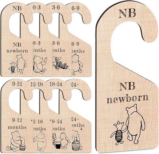 8Pcs Winnie Baby Closet Dividers for Newborn, Classic Winnie Baby Nursery Decor Wooden Hanger, the Pooh Clothes Dividers for Closet, Double-Sided Party Decor