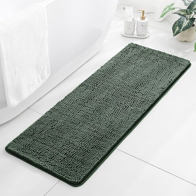 Hunter Green Bathroom Rugs 17"x47" - Plush Chenille Non-Slip Runner Bath Mat - Absorbent, Washable, Soft Decor for Shower, Sink, Tub, Kitchen, Home Accessories