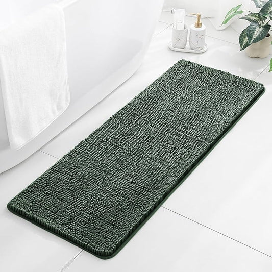 Hunter Green Bathroom Rugs 17"x47" - Plush Chenille Non-Slip Runner Bath Mat - Absorbent, Washable, Soft Decor for Shower, Sink, Tub, Kitchen, Home Accessories