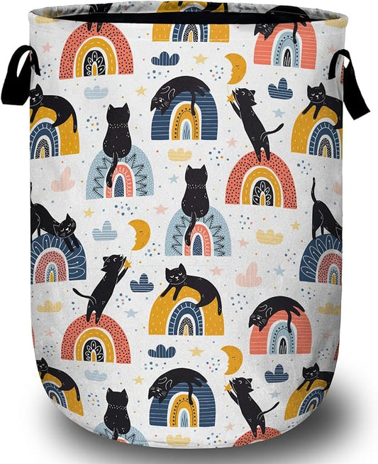 Rainbow Black Cat Laundry Basket with Sturdy Handles, Collapsible Oxford Cloth Laundry Hamper Organizer Basket for Bathroom Bedroom 15.7x20 Inch
