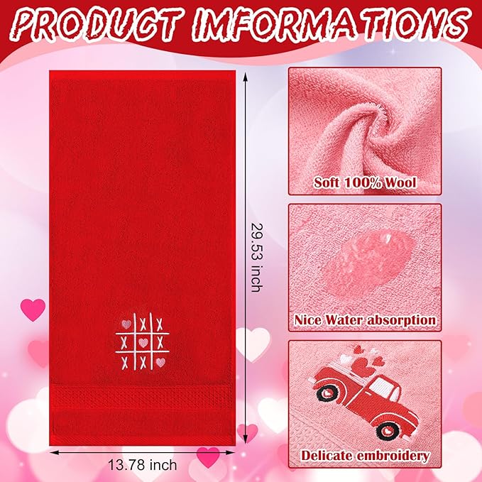 3 Pcs Valentine's Day Hand Towels for Bathroom Love Heart Embroidered Bathroom Towels Valentines Farmhouse 13.78 x 29.53 Inch Absorbent Soft Cotton for Kitchen Dish Fast Drying Decor
