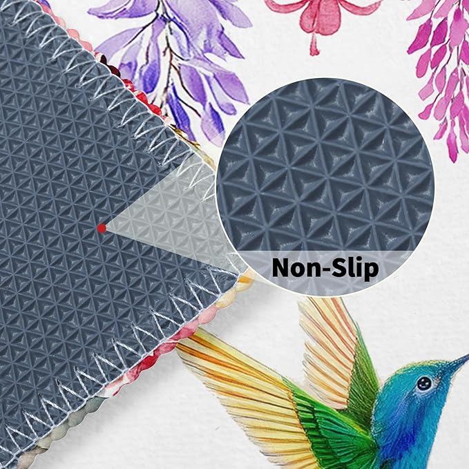 Hummingbird Flowers Bath Rug, Watercolor Spring Floral Butterly Bathroom Mats 32x20 Inch, Birds Plant Non-Slip Absorbent Bathroom Rugs for Bedside Shower Room Bathtub Kitchen Sink